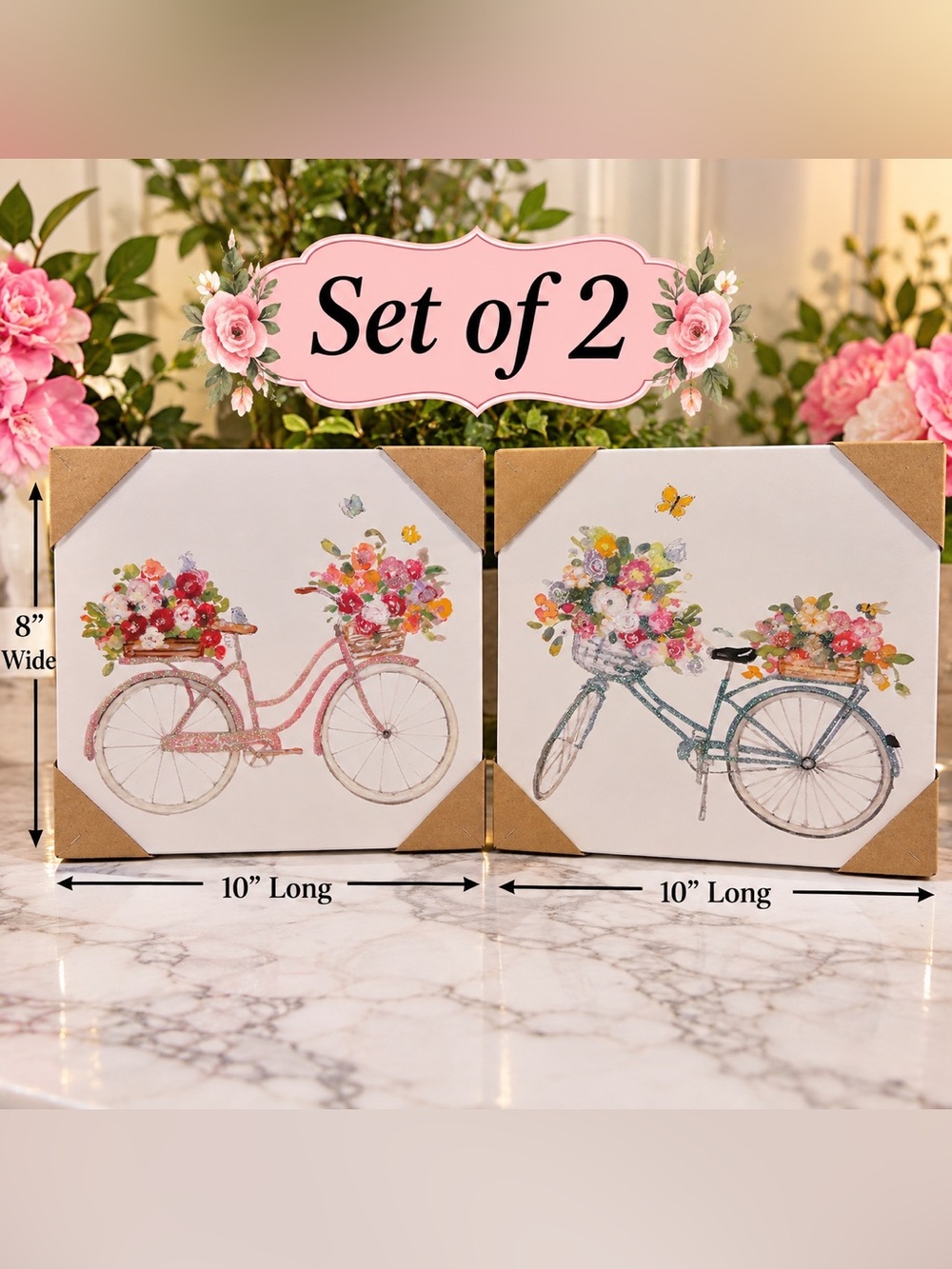 Set of 2 Floral Bicycle Prints Pink & White